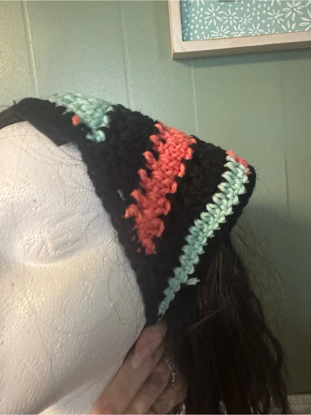 Handmade Crocheted Multicolor hair, banana Coral, Black & Teal